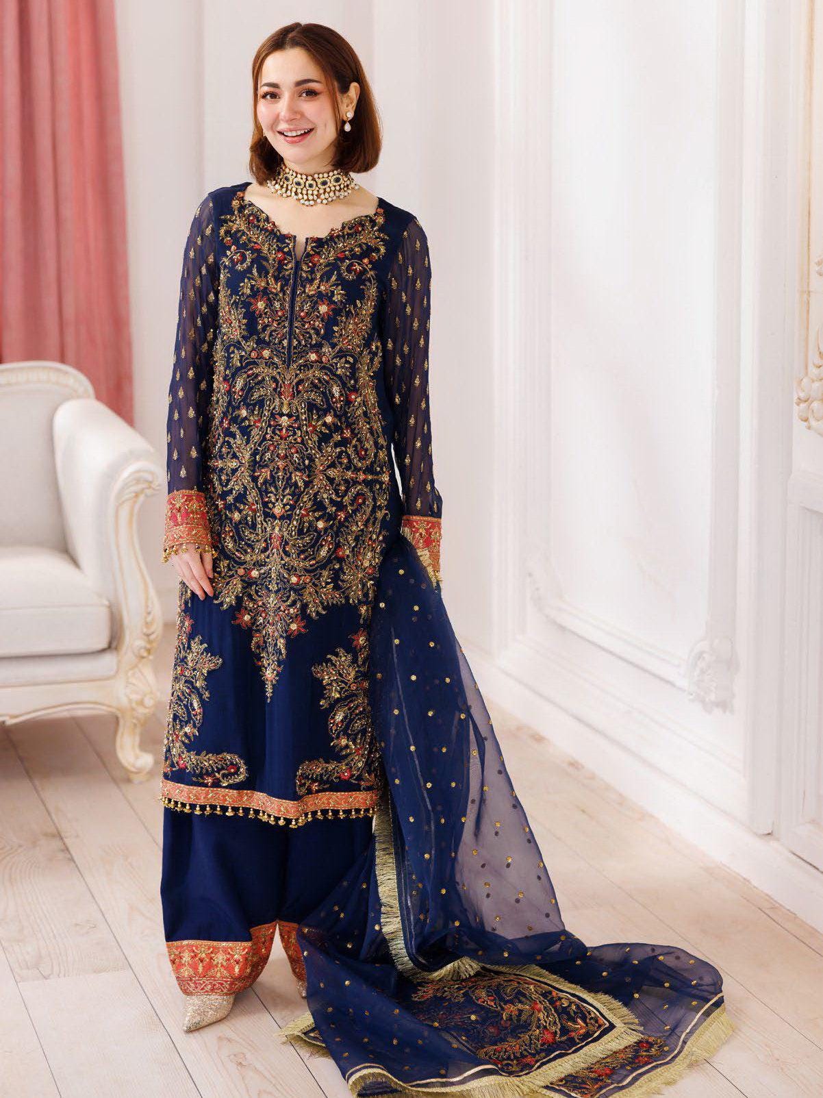 Embroidered Chiffon Pakistani Dress: Blue Floral Kashmiri Party Wear