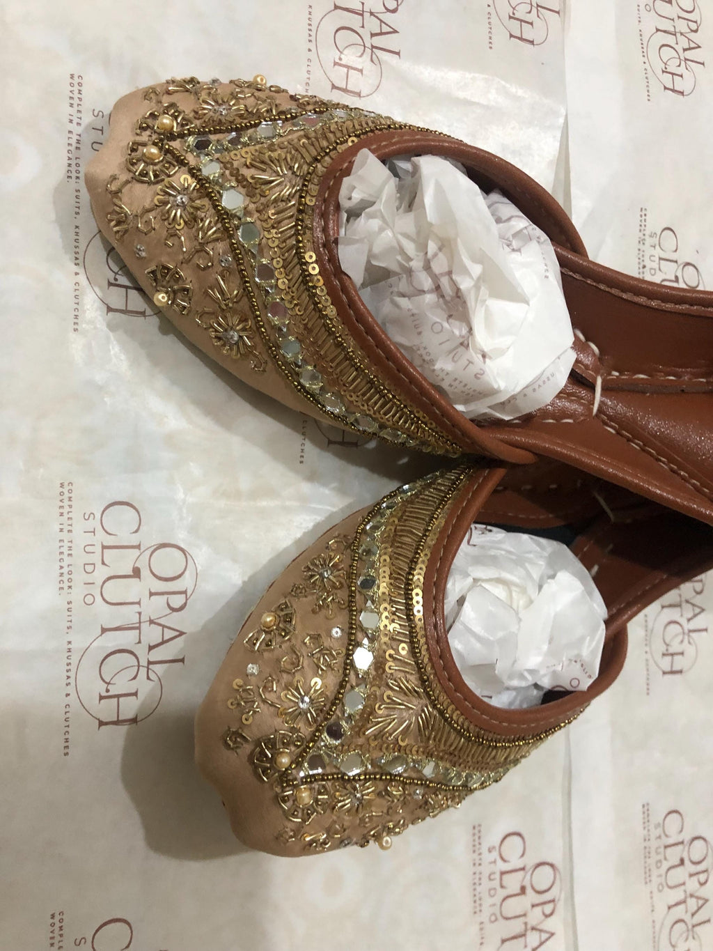 Handmade Gold Silk Jutti, Beaded & Sequined Punjabi Flats