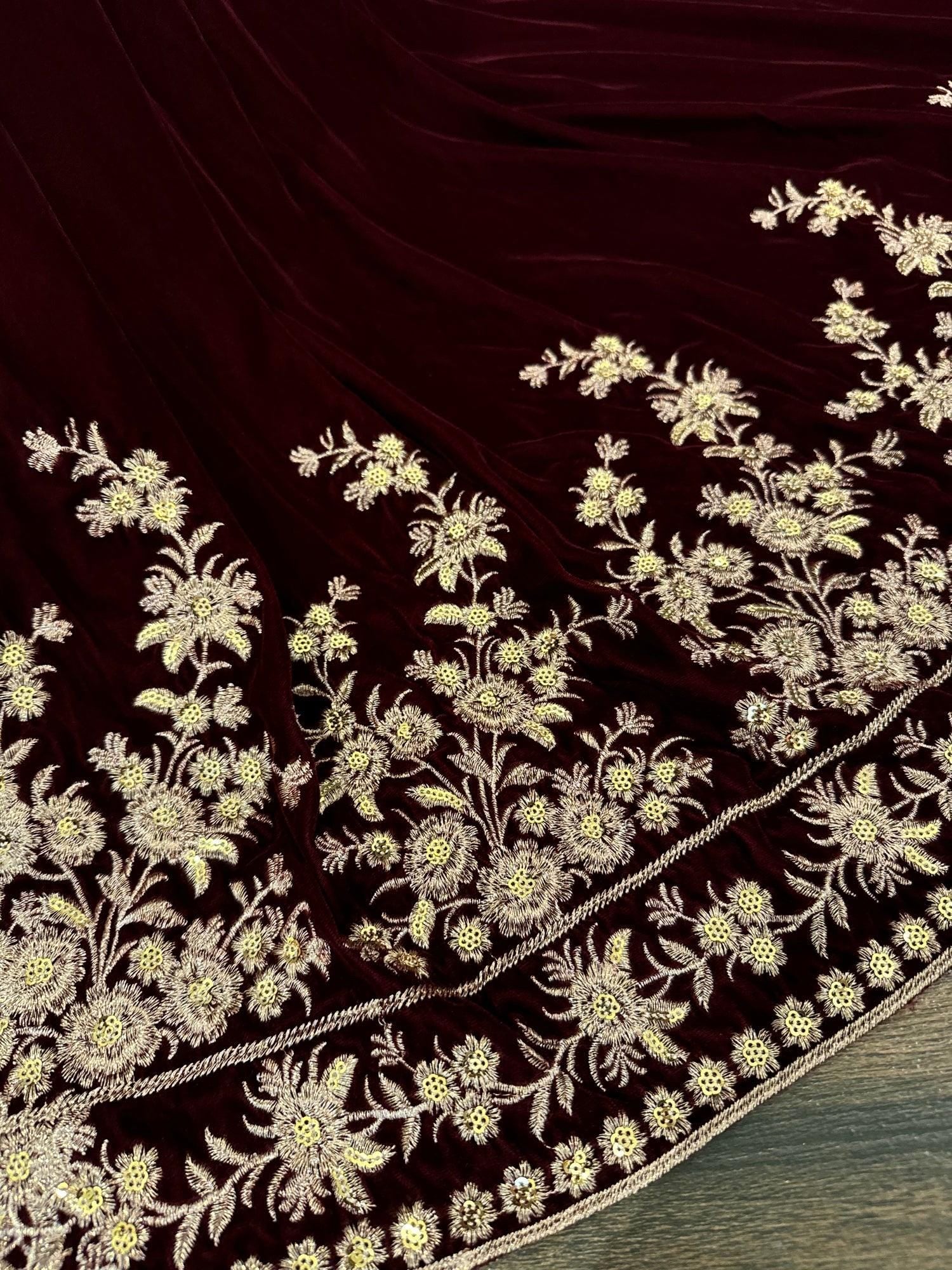 Maroon Velvet Indian Bridal Shawl | Tila Embroidered Tree Design