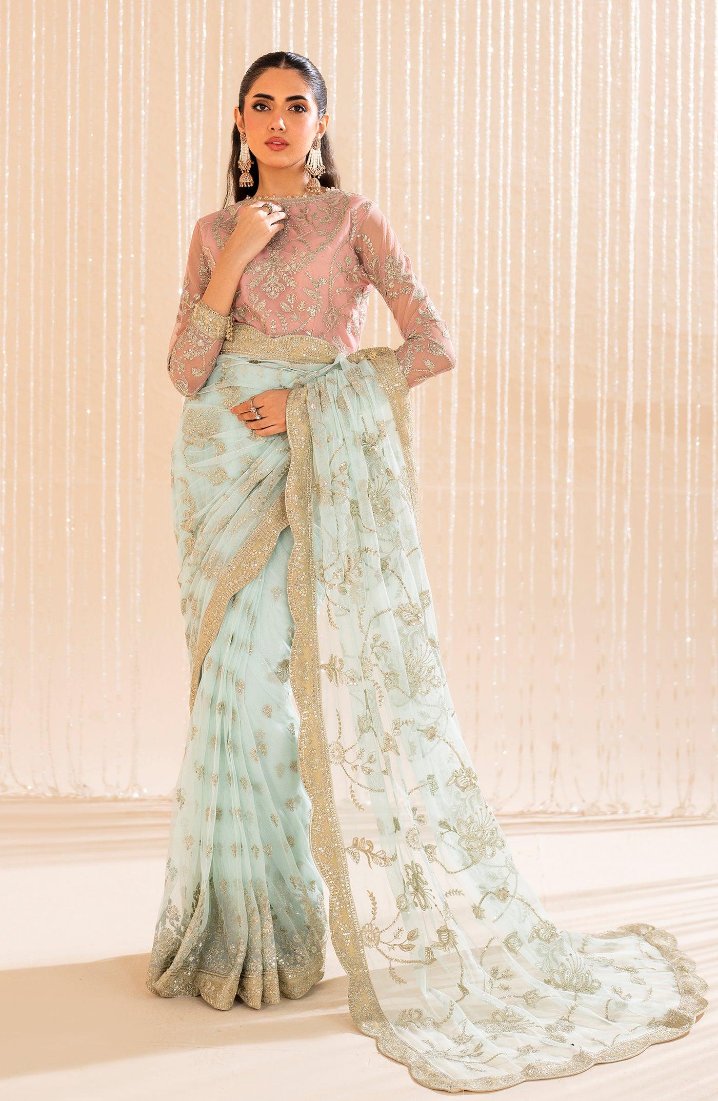 Pink & Blue Sequined Chiffon Saree, Indian Wedding Wear