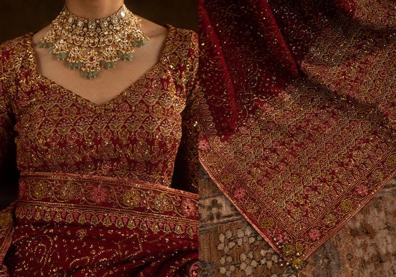 Embroidered Maroon Silk Bridal Saree, Indian Wedding