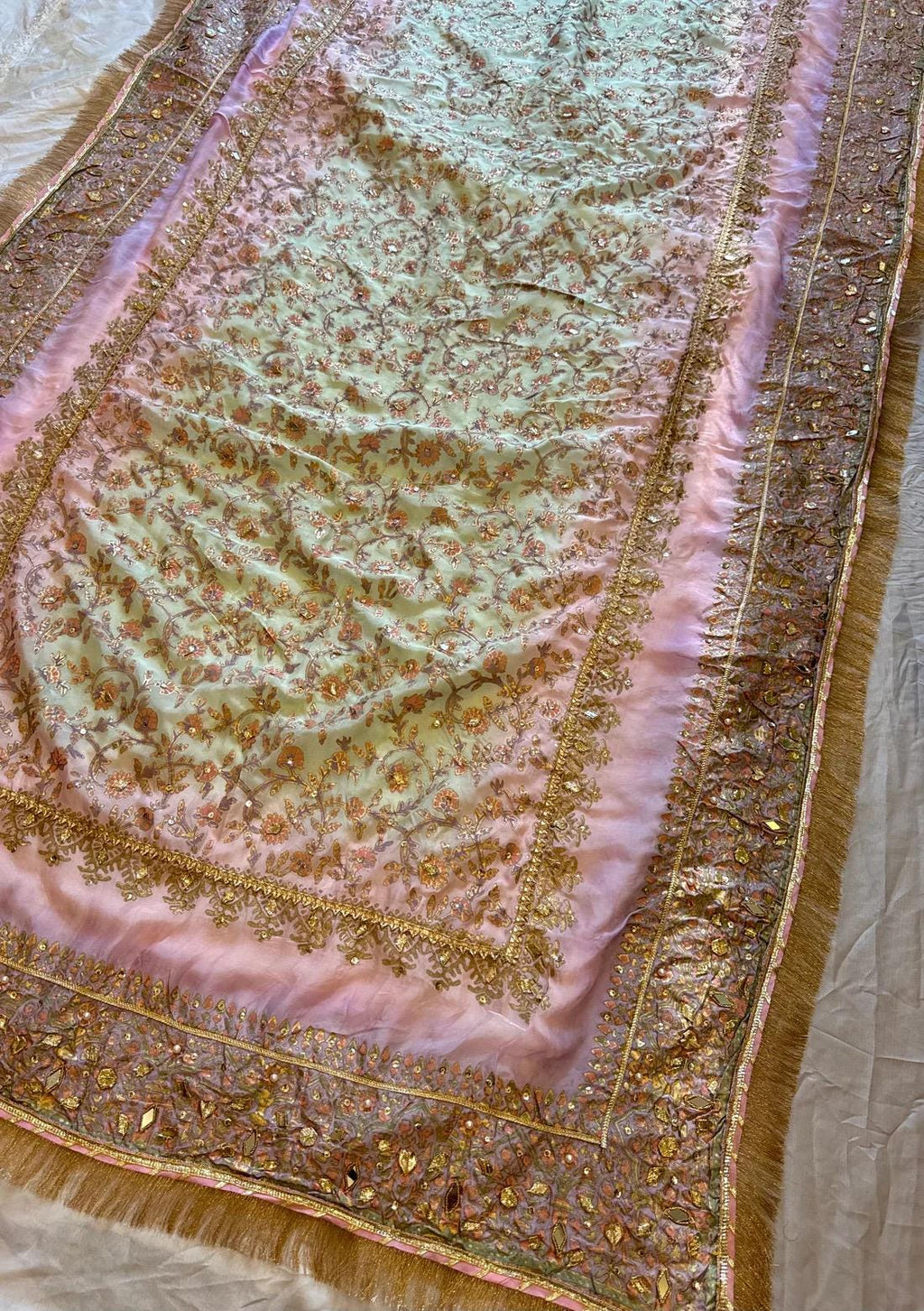 Hand-Embroidered Pastel Silk Dupatta: Gold Lace Indian Shawl