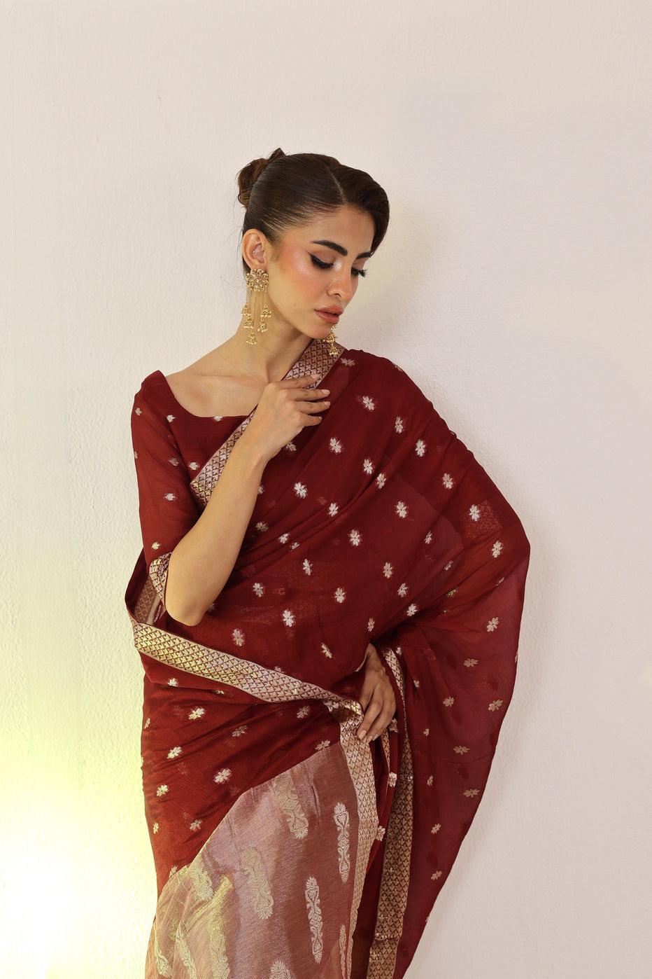 Maroon Banarasi Chiffon Saree with Matching Blouse