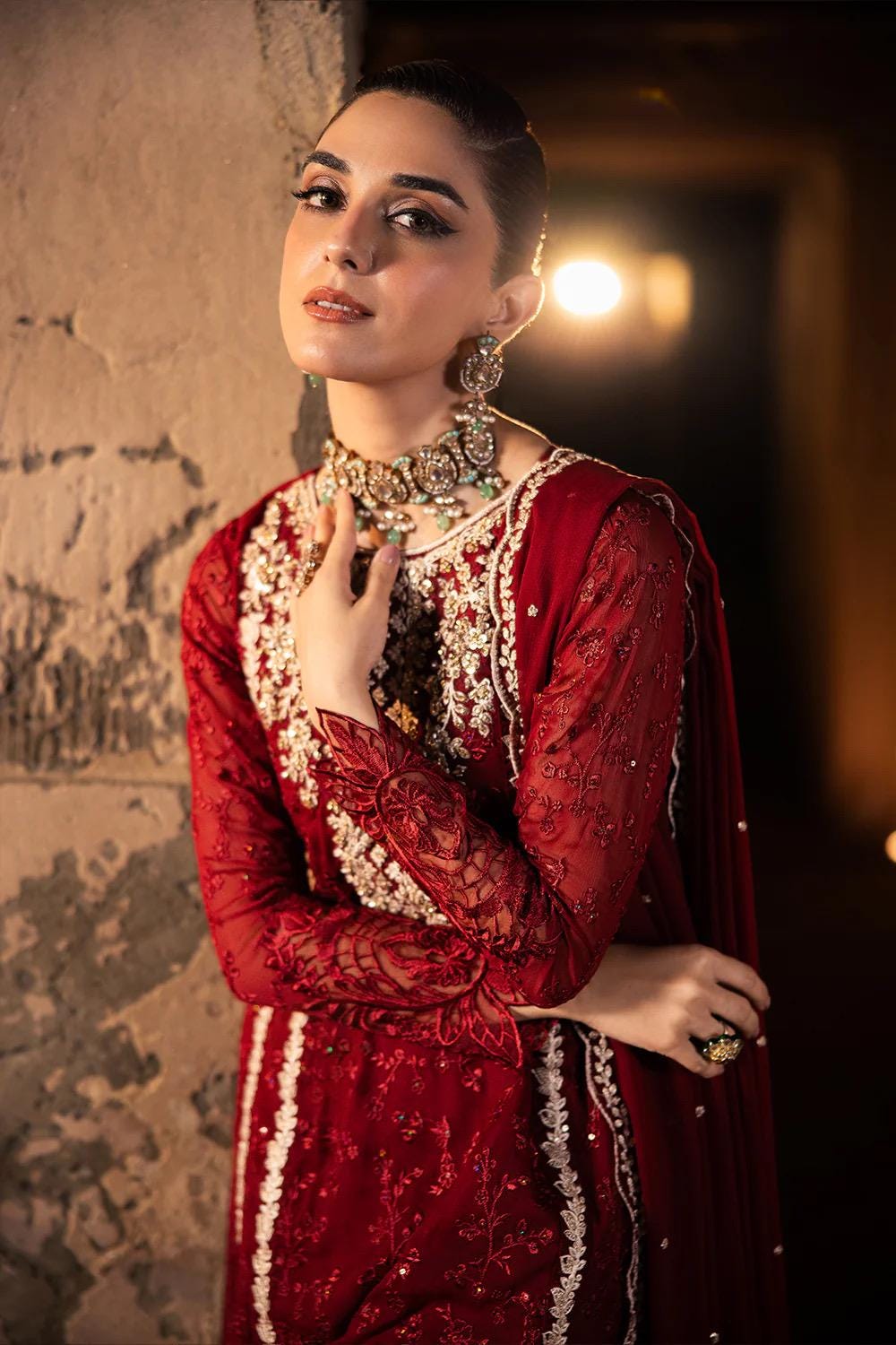Red Chiffon Pakistani Bridal Suit: Embroidered Net Dress