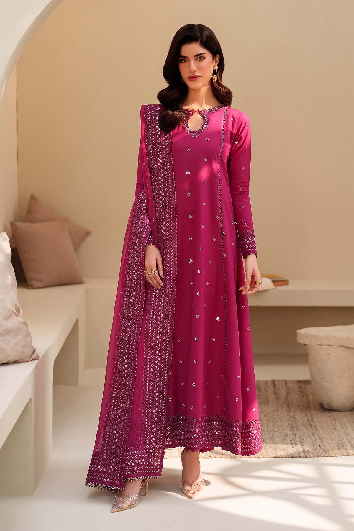 Alura Hotpink Embroidered Silk dress 3pc Suit, Sequins Pakistani Eid Dress, Organza Dupatta