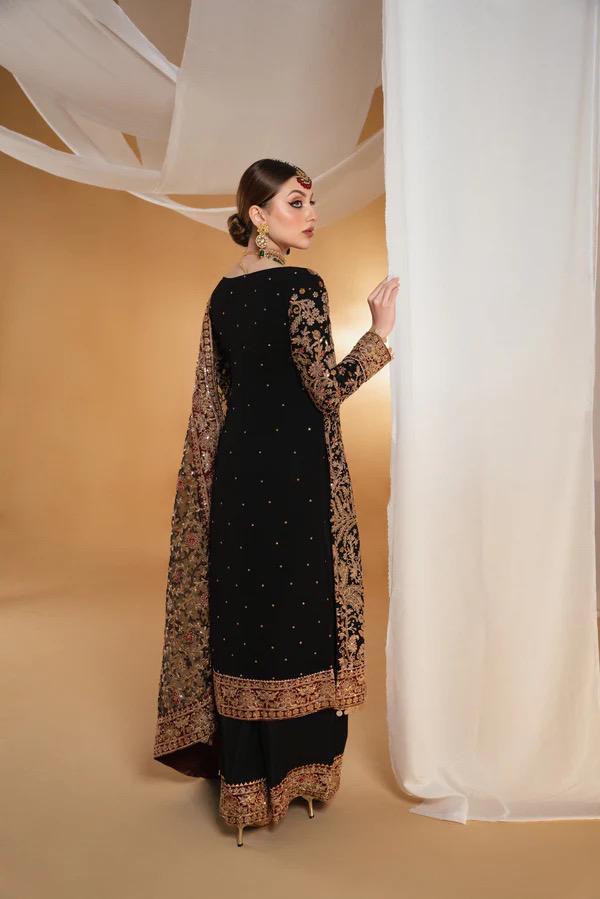 Black Chiffon Shalwar Kameez, Indian Wedding Dress, 4-Piece Kurta Set