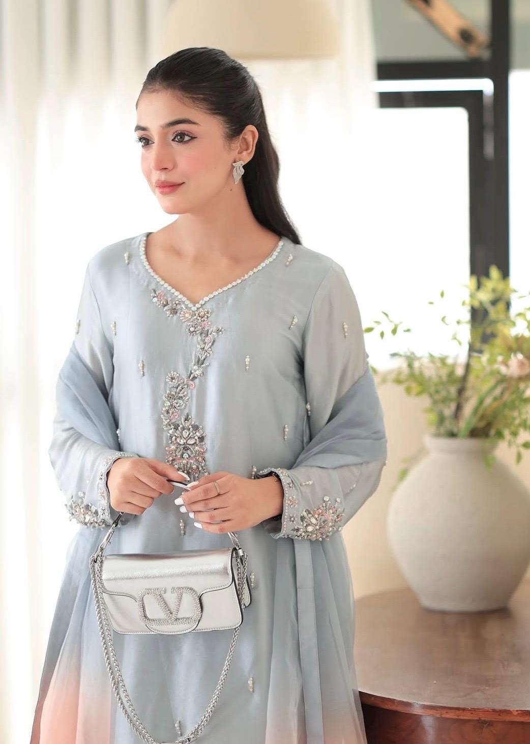 Sky Blue Farshi Shalwar Kameez | Russian Silk Punjabi Suit