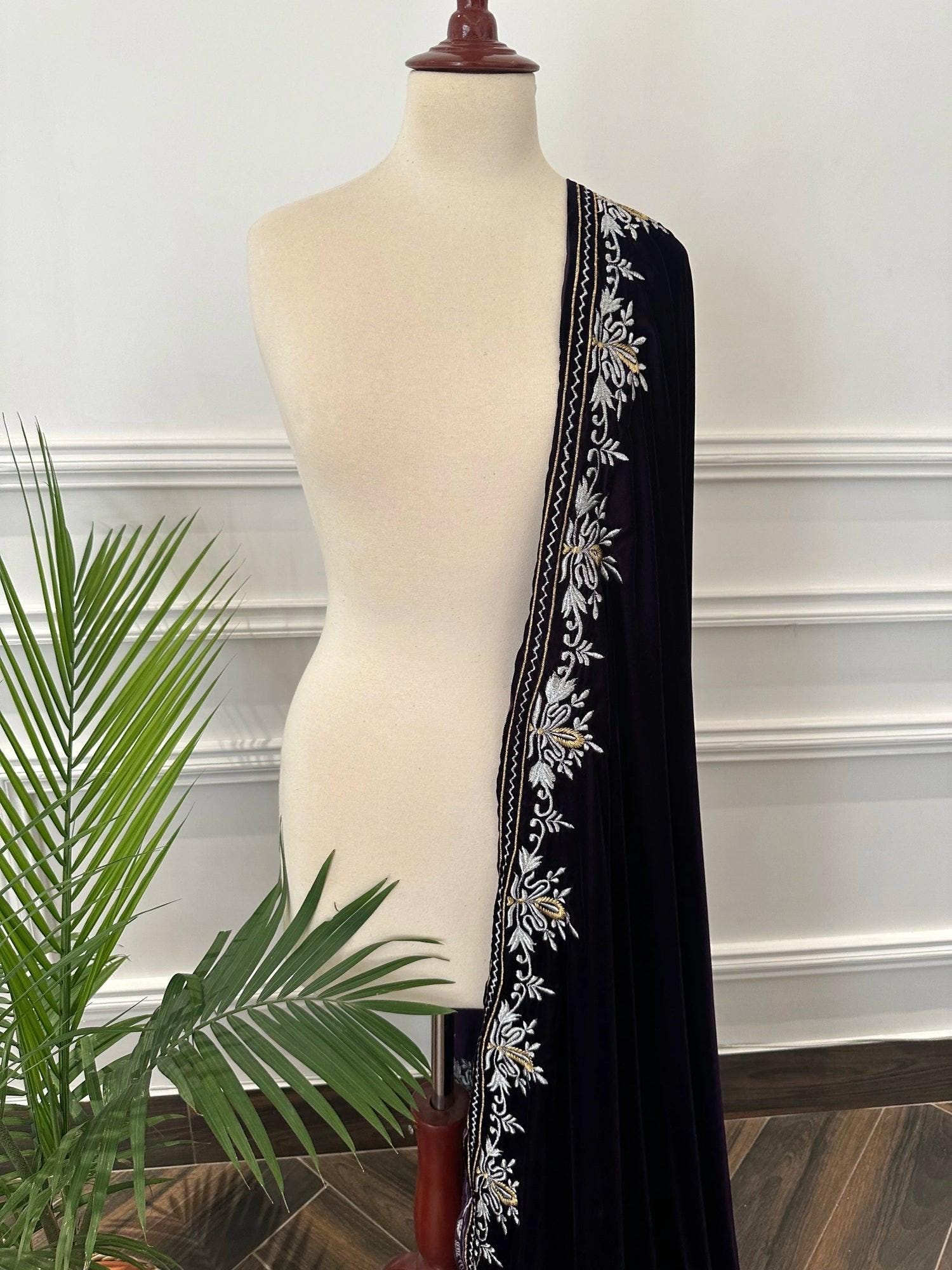 Black Velvet Indian Shawl | Silver Tila Embroidery, Wedding Wrap