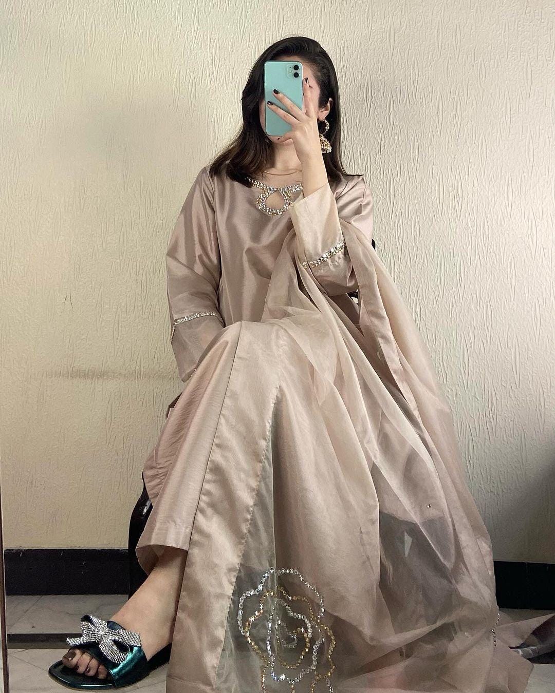 butter Silk Shalwar Suit, beige long shirt , Organza Dupatta