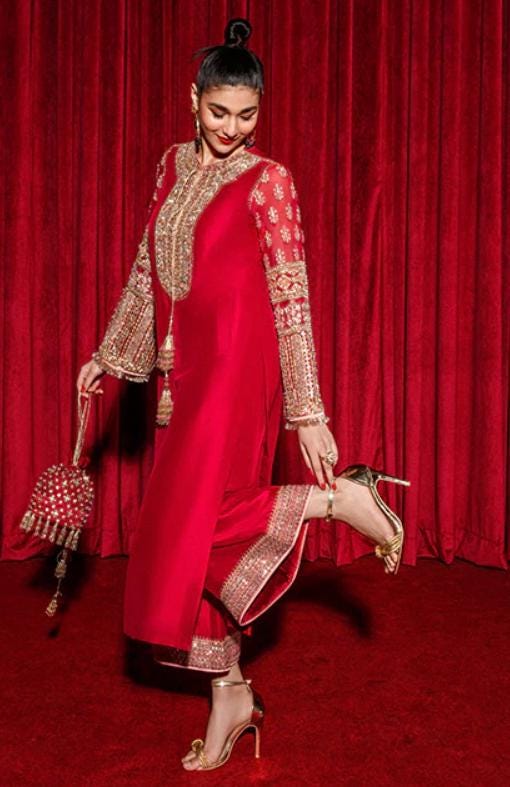 Red Silk Salwar Kameez, Embroidered Indian Suit with Dupatta