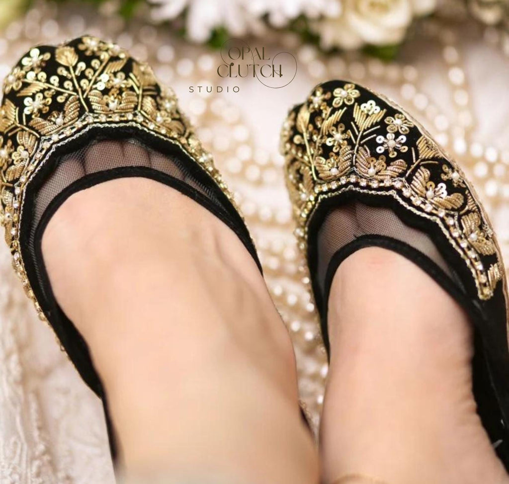 Handmade Black Velvet Embroidered Khussa Shoes | Indian Bridal Jutti