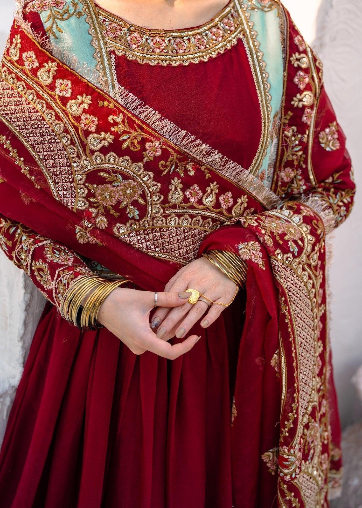 Maroon Chiffon Anarkali Suit, Embroidered Punjabi Dress, 3-Piece