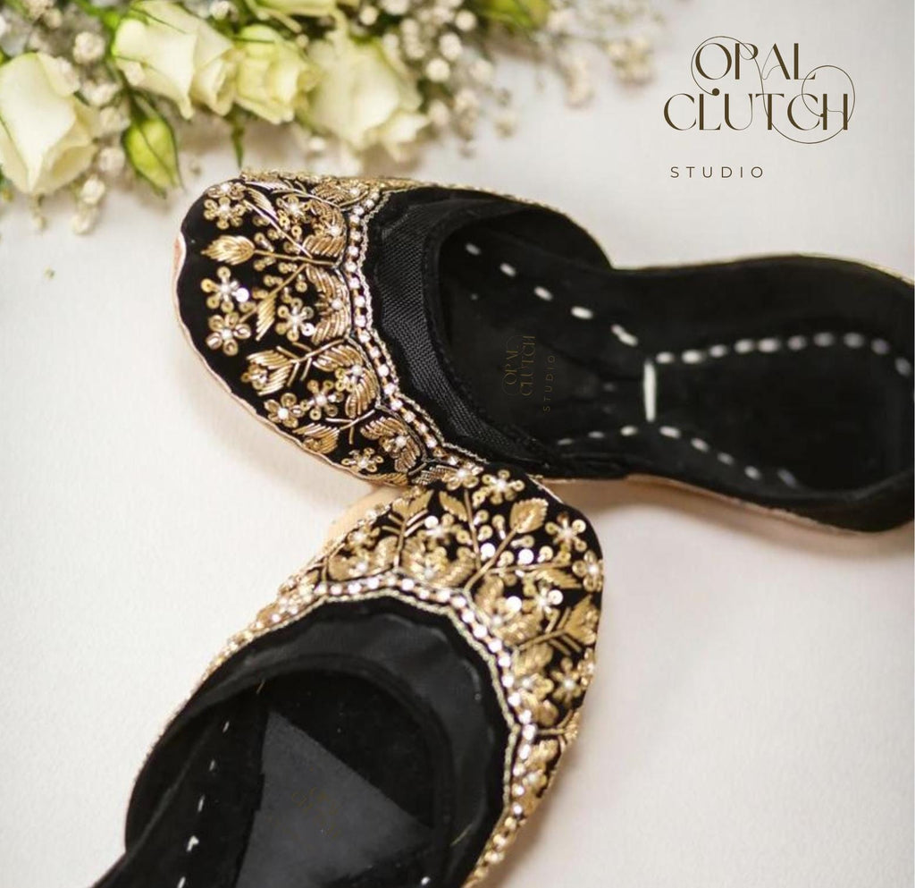 Handmade Black Velvet Embroidered Khussa Shoes | Indian Bridal Jutti