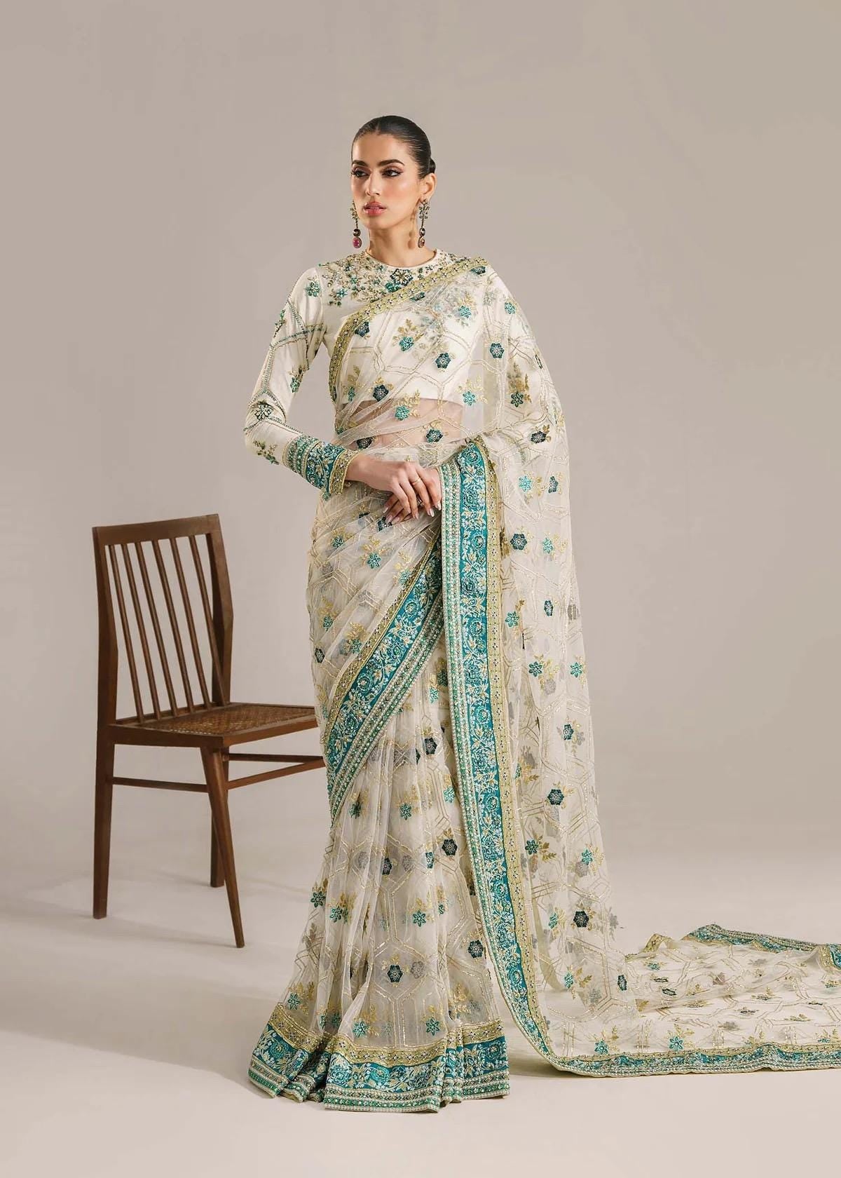 Embroidered White Saree: Indian Wedding Silk Party Wear