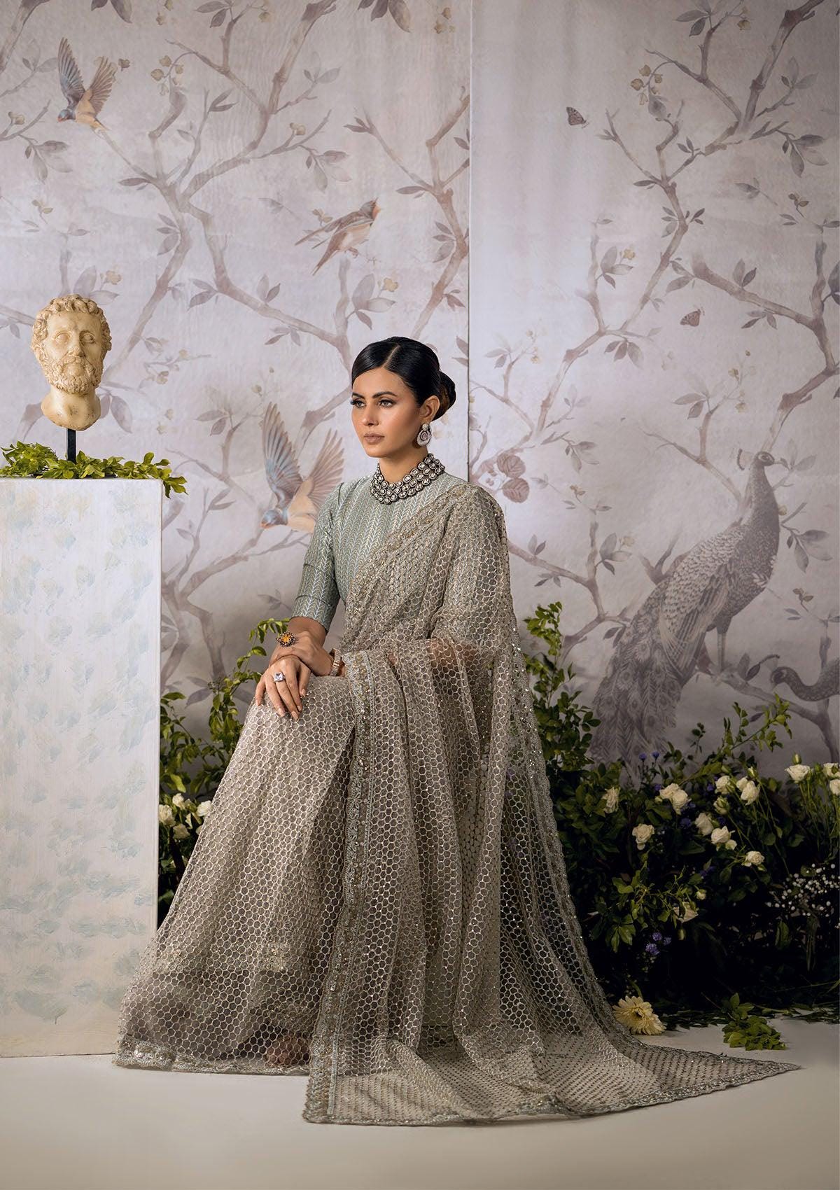 Grey & Gold Sequin Embroidered Tulle Saree, Indian Wedding Dress