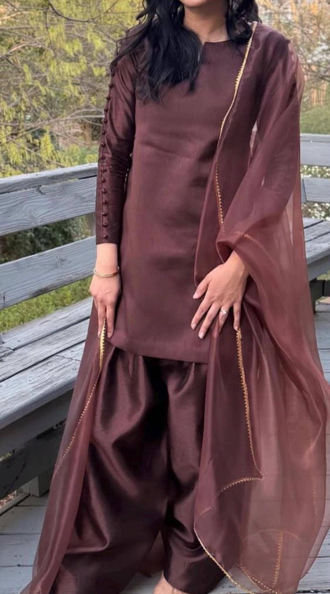 Brown Silk Farshi Shalwar Kameez, Organza Dupatta