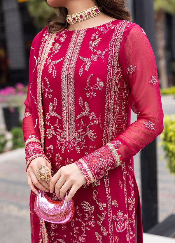 Red Embroidered Chiffon Pakistani Suit, 3 Piece