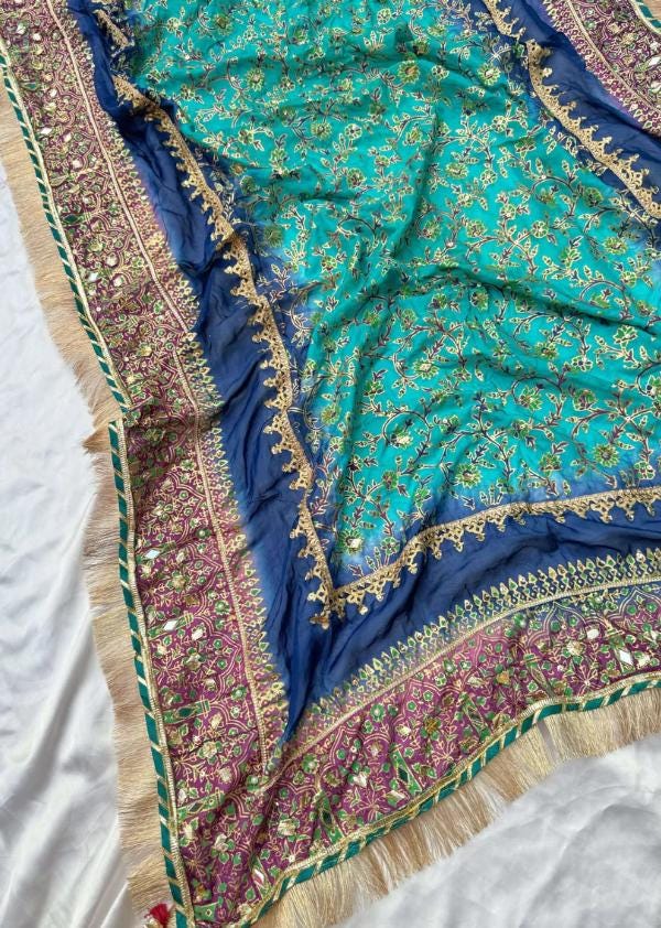 Peacock Blue Kamdani Silk Dupatta: Pakistani Bridal Shawl