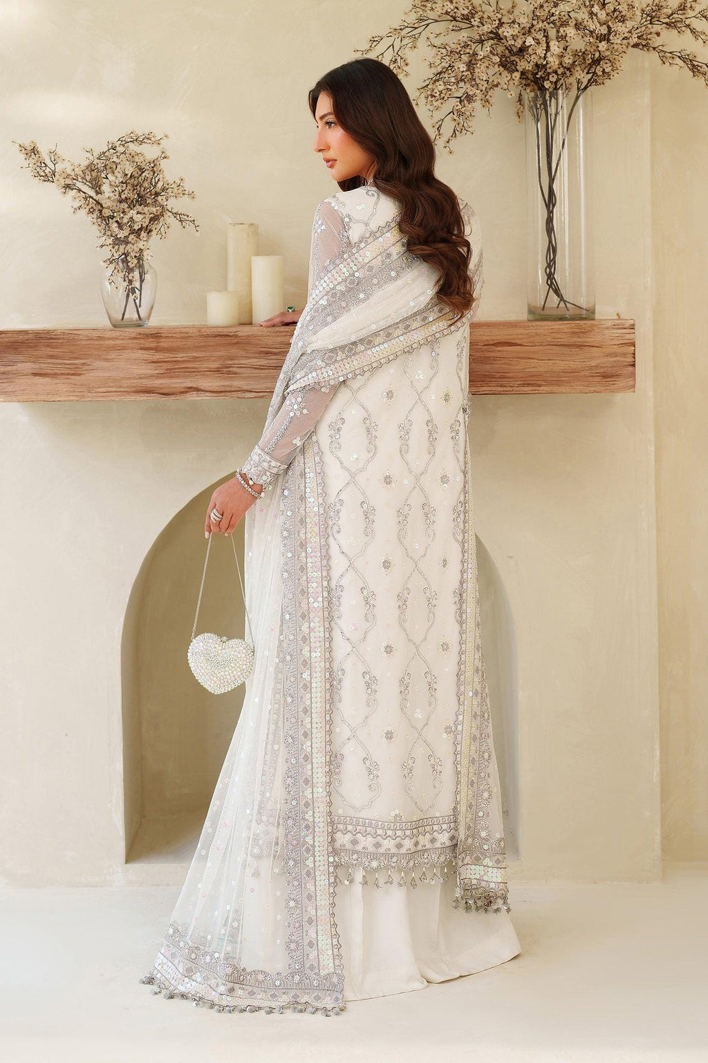 White Sequins Embroidered Pakistani Dress with Sharara