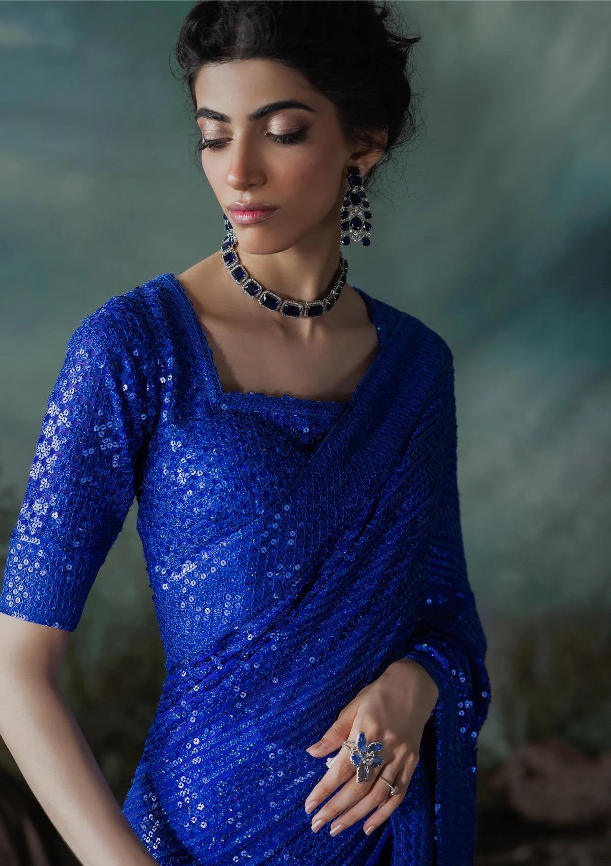 royal blue Sequin Saree with Blouse: Indian Party Wear