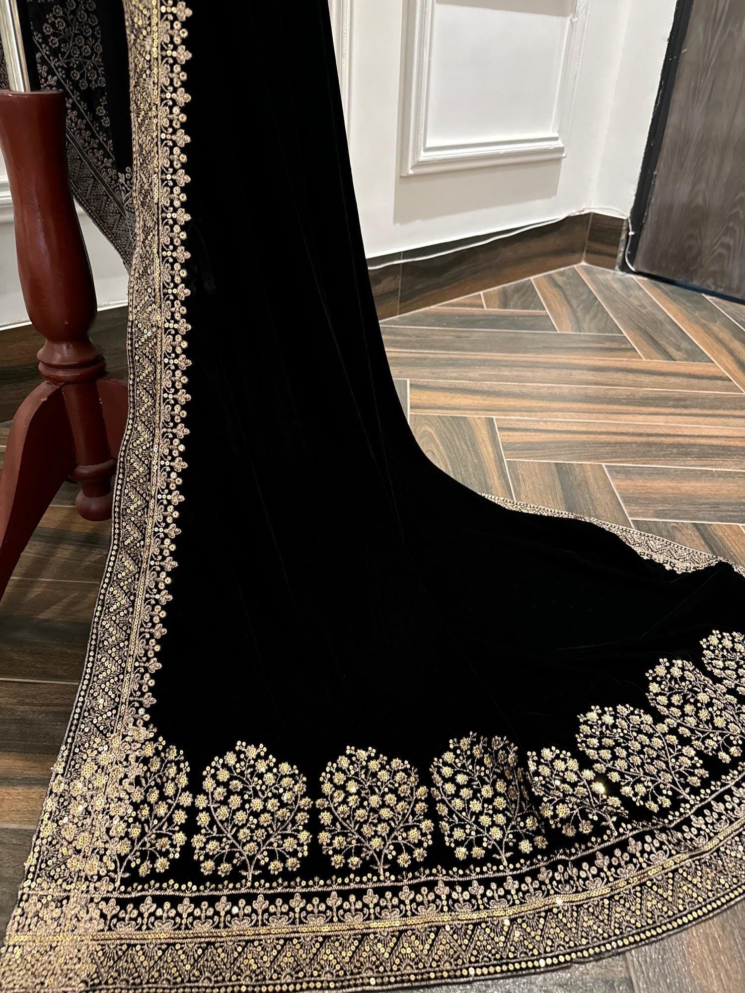 Maroon/black, brown Velvet Bridal Shawl: Embroidered Wedding Duppata