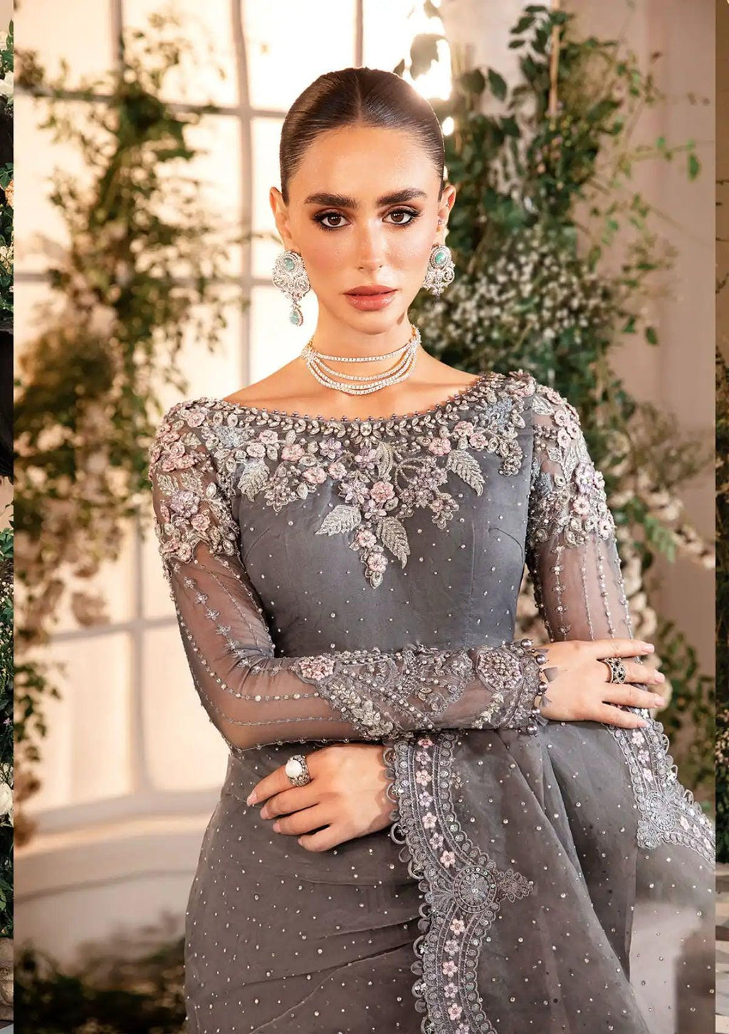 Grey Embroidered Chiffon Saree with Matching Blouse