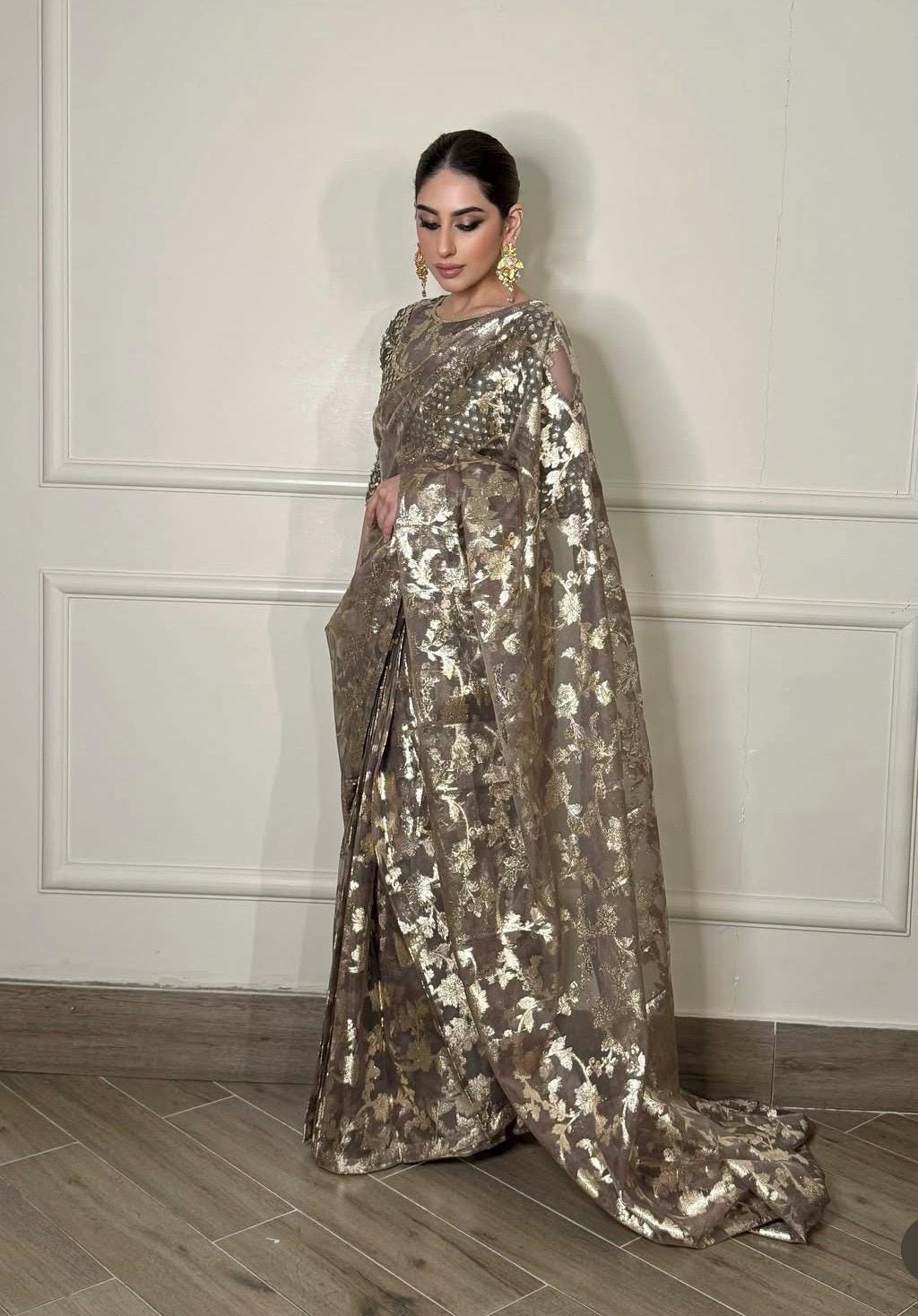 Indian Wedding Saree, Brown & Gold Sequins Embroidered Net Saree