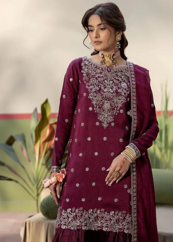 wine silk short shirt with crush  shahrara pants and duppata 3pc suit
