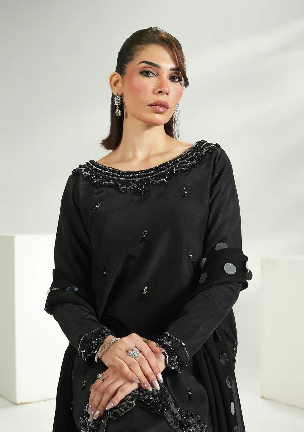 Embroidered Black Silk Farshi Shalwar Kameez: Indian Wedding Outfit with Chiffon Dupatta