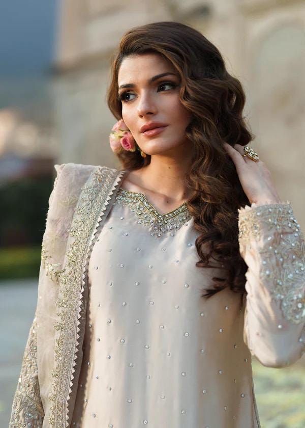 Ivory Sequin Silk Shalwar Kameez: Pakistani 3-Piece Suit