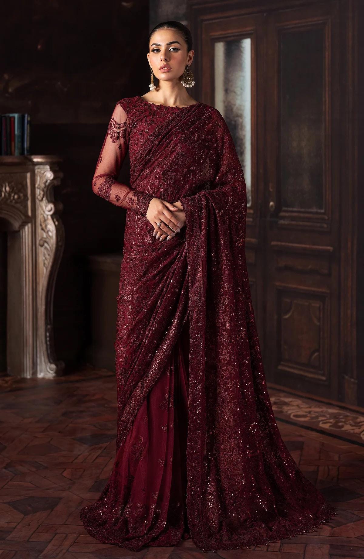 Maroon Sequin Saree: Indian Midnight Sky Party Wear, Matching Blouse