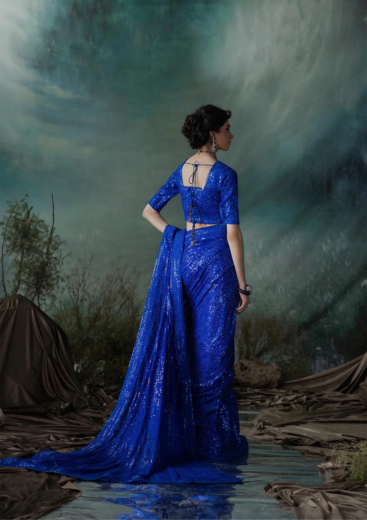 royal blue Sequin Saree with Blouse: Indian Party Wear