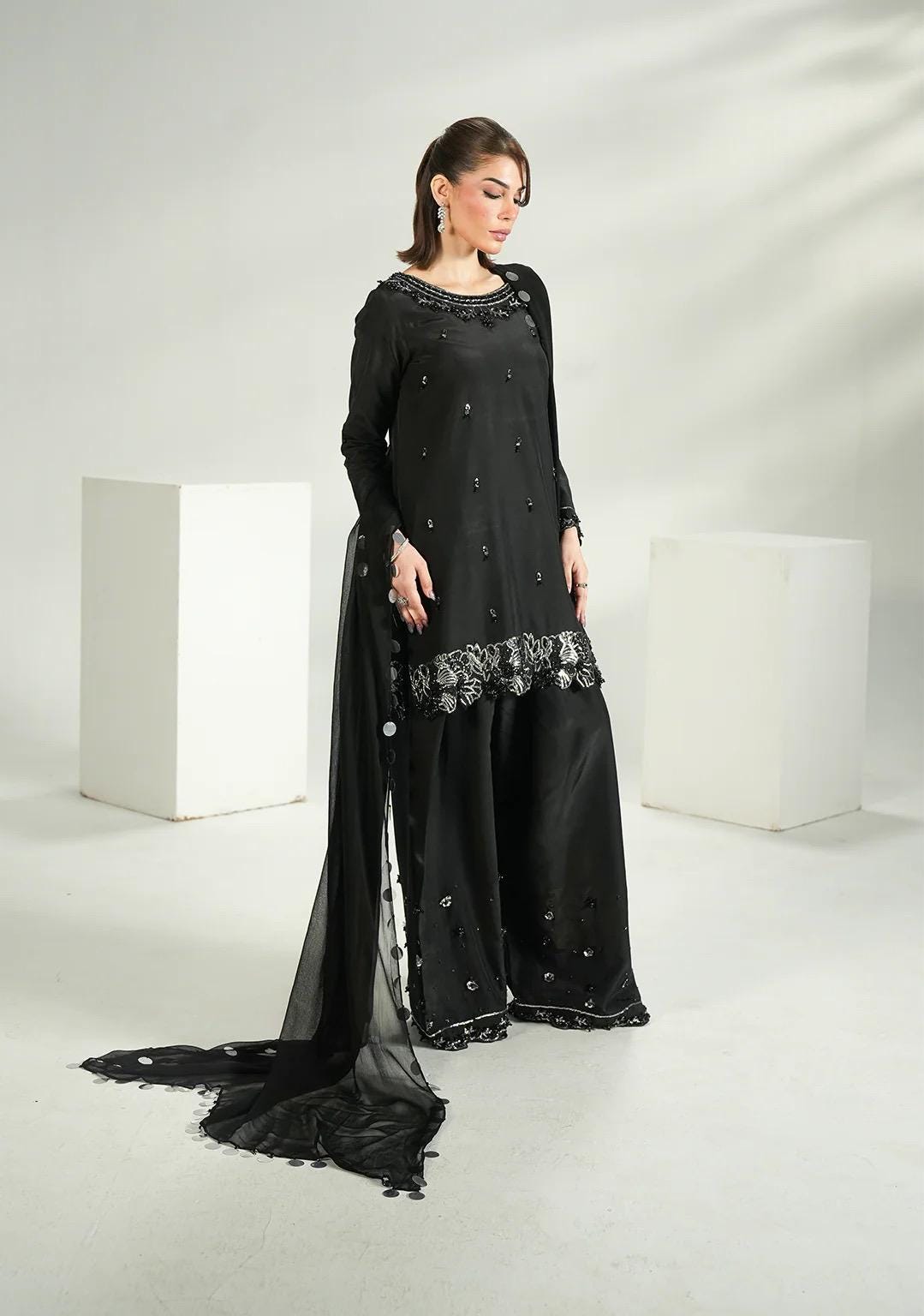 Embroidered Black Silk Farshi Shalwar Kameez: Indian Wedding Outfit with Chiffon Dupatta