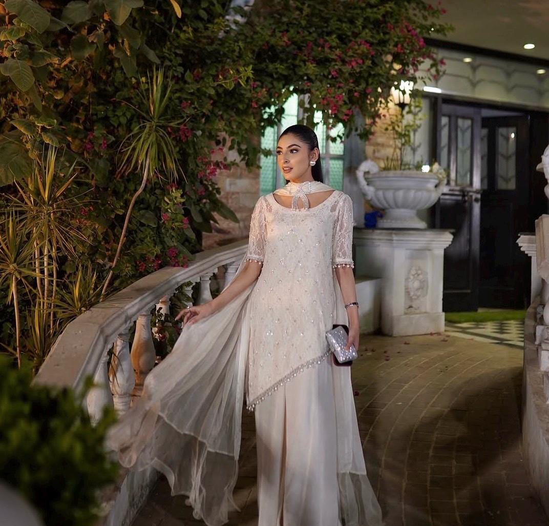 White Lace Kameez Set: Pakistani Mirrorwork Outfit, Butter Net Silk