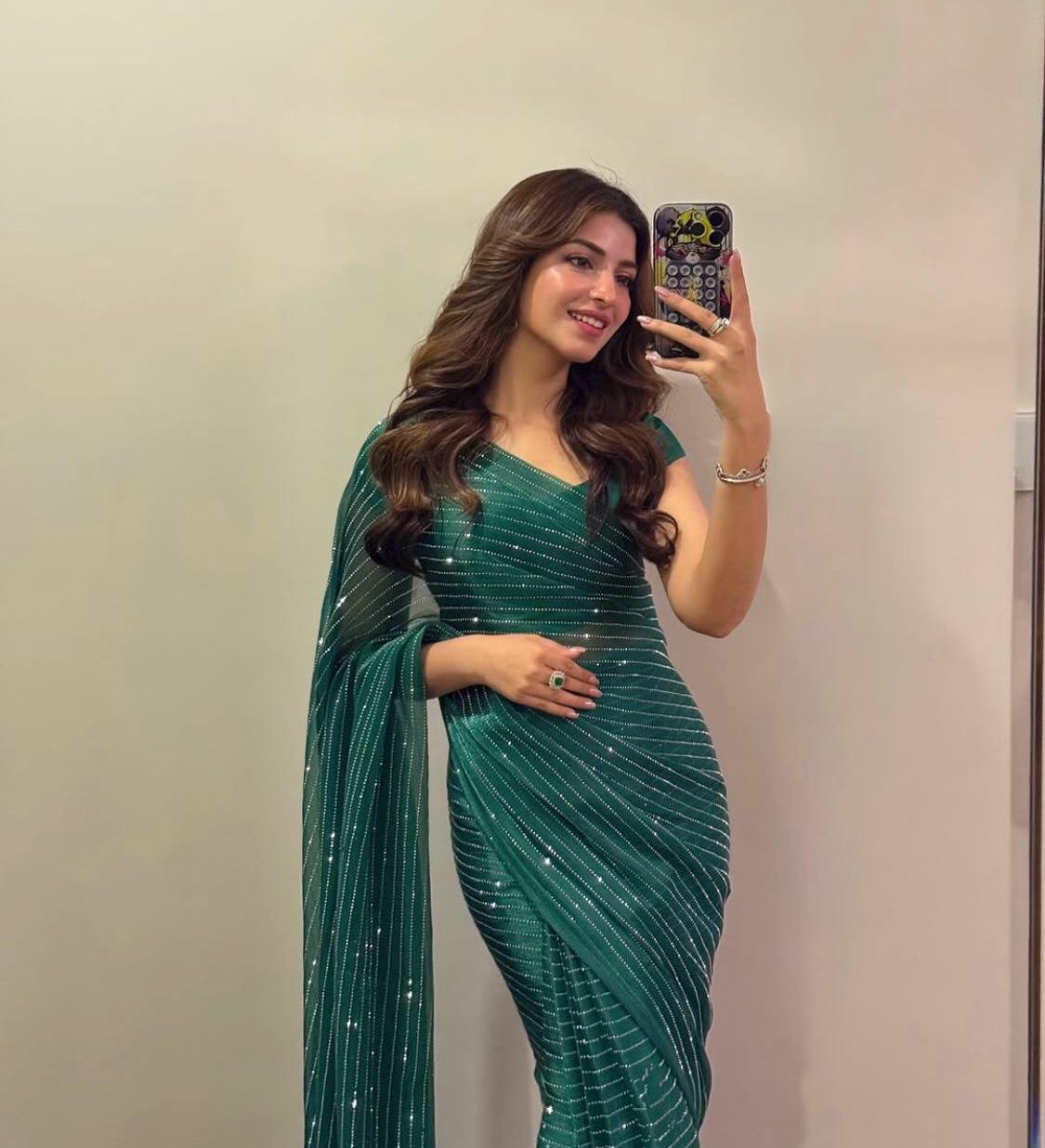 Sequins Embroidered Saree: Midnight Sky Lava Silk Indian Party Wear