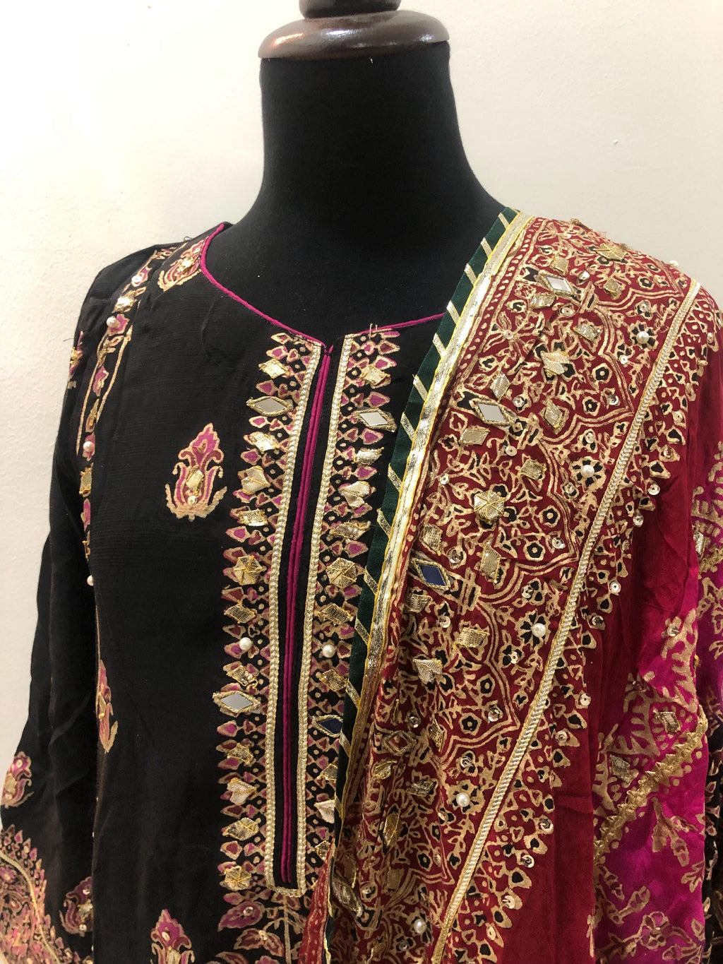 Black Silk Suit with Three-Shaded Chunari Dupatta: Mukesh Work, Golden Border