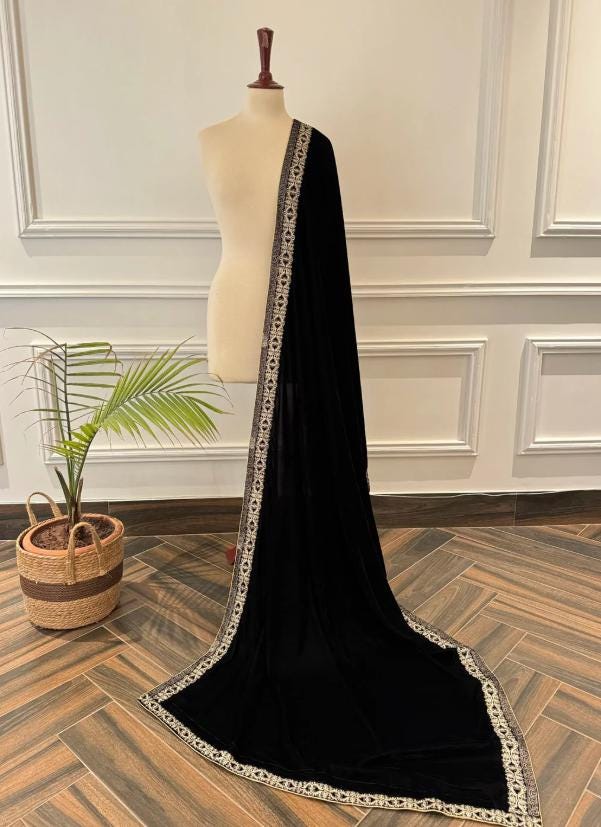 black Velvet Shawl, Sequins Embroidered, Bridal Gift