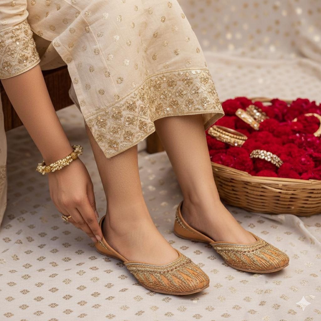 Handmade Zari Kora Work Jutti, Rust Gold Silk Khussa Flats
