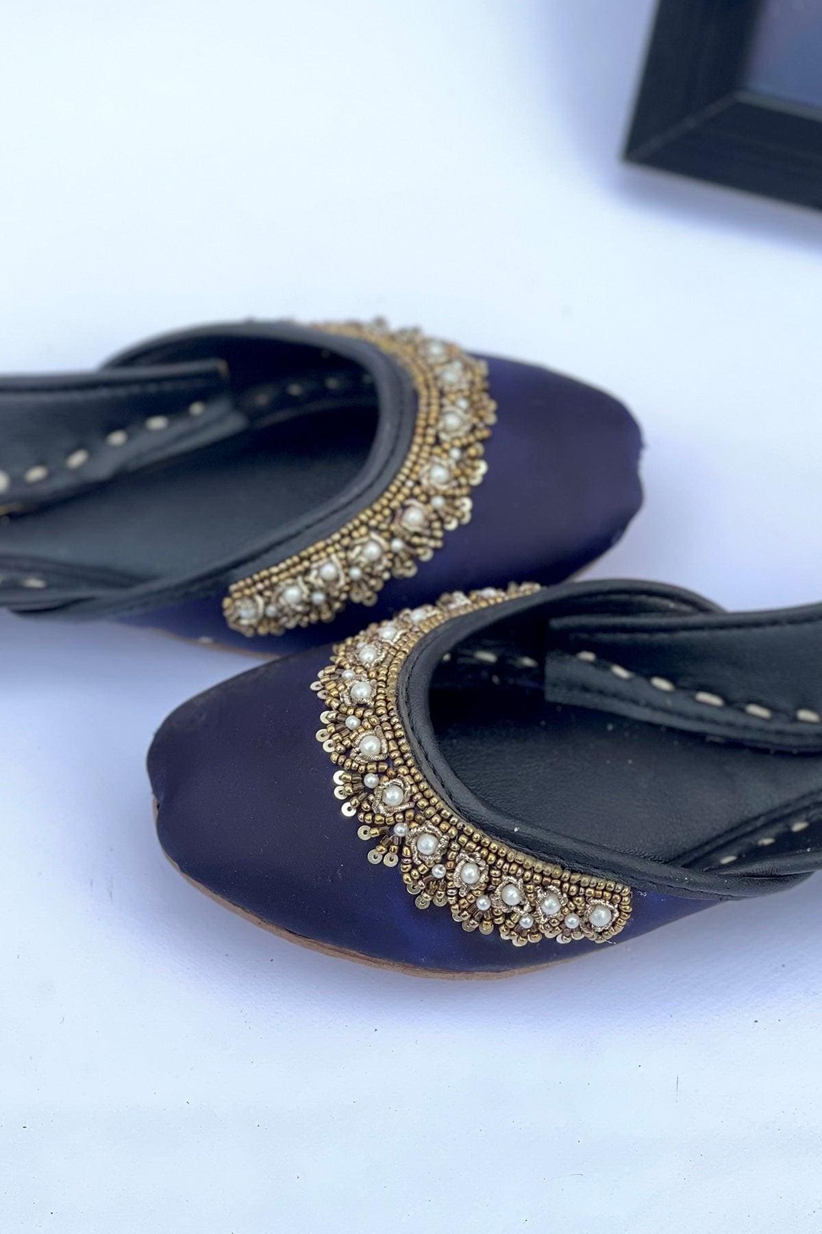 Handmade Sapphire Blue Silk Khussa Flats: Punjabi Mojari Shoes