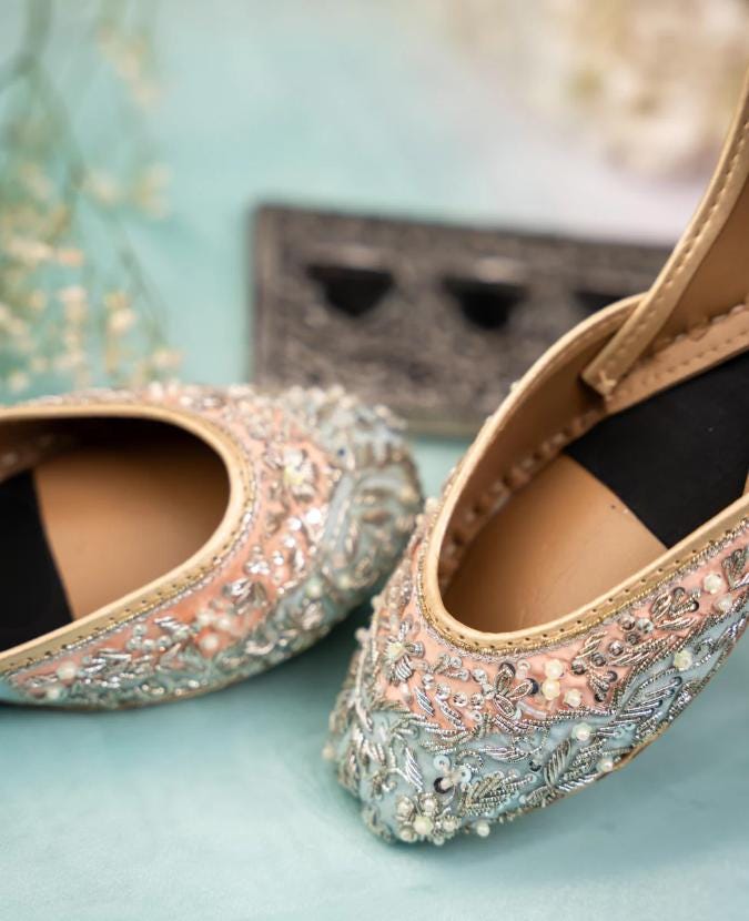 Embroidered Peach & Blue Jutti: Sequin Pearl Khussa Mojari