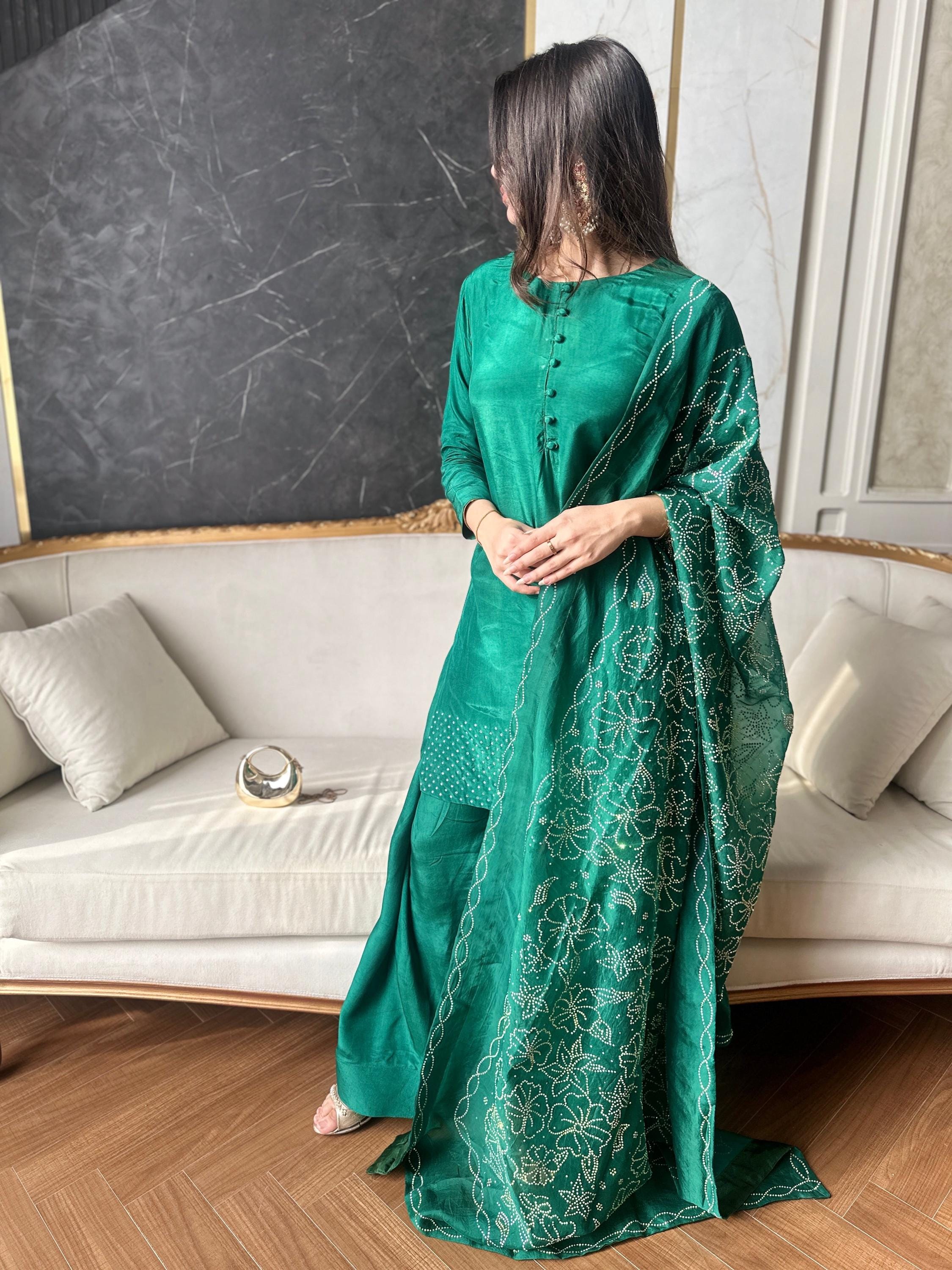 Green Russian Silk Salwar Kameez Suit, Festive Wedding Wear