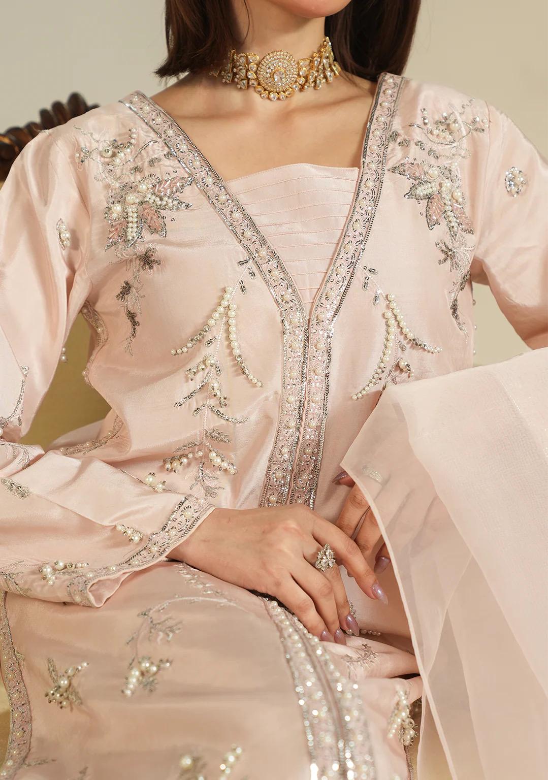 Powder Pink Silk 3pc facy Suit: Embroidered with handwork Pakistani Wedding and eid Outfit