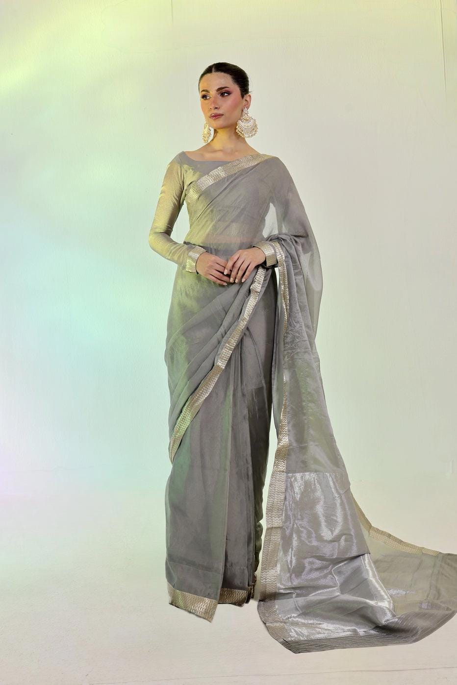 Silver Banarasi Chiffon Saree with Blouse
