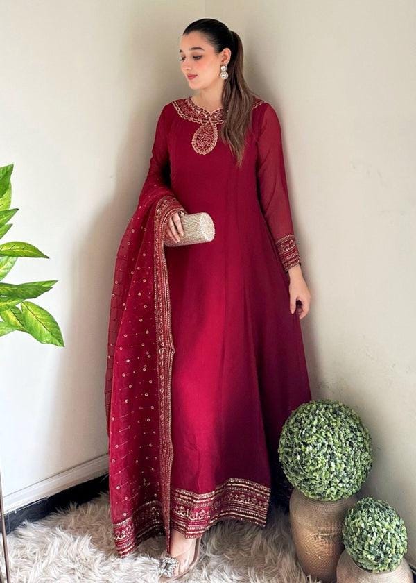 4 Piece Embroidered Chiffon Maxi Dress - With Kattan Silk Trousers and a Stylish Potli Bag