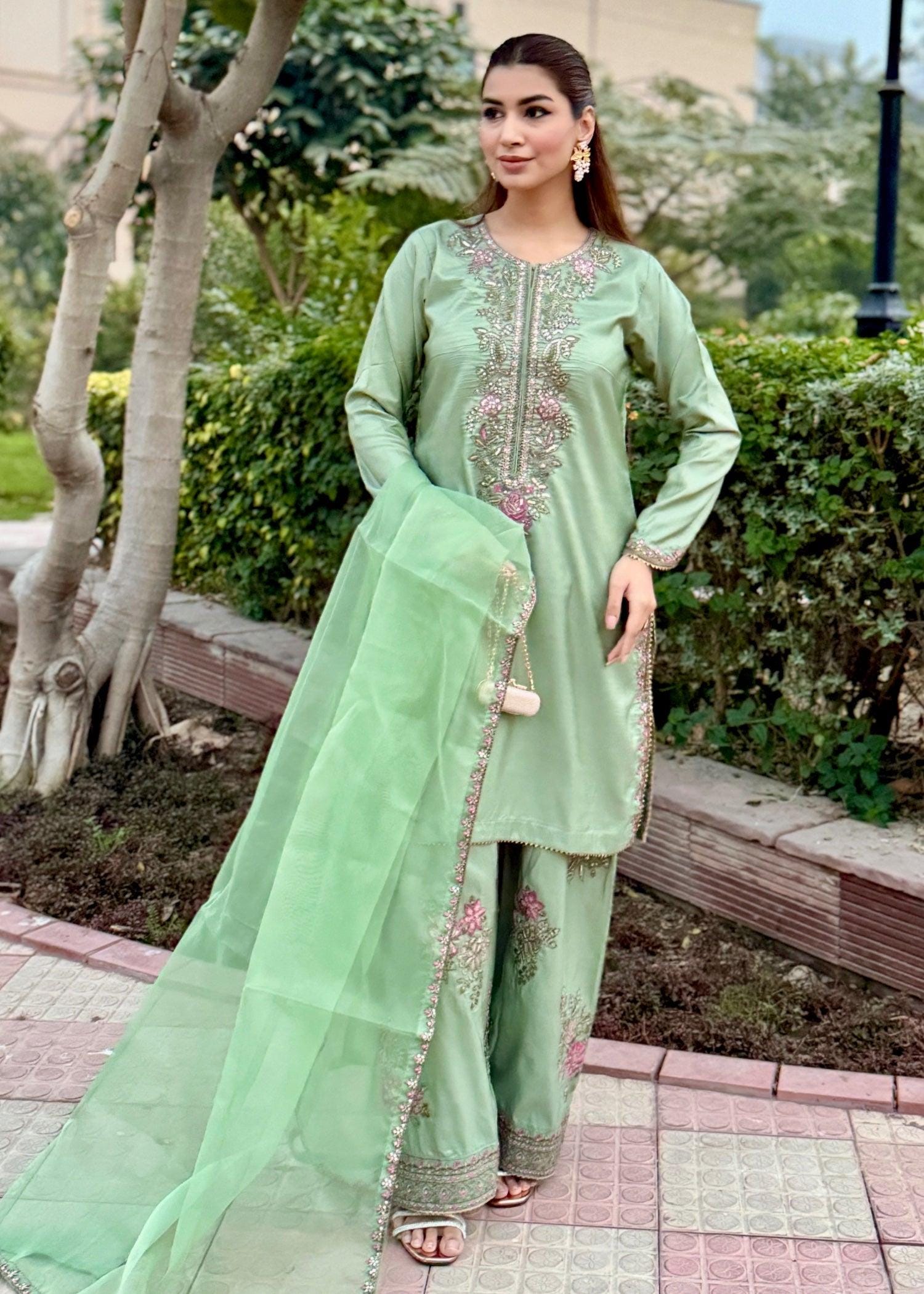 Embroidered Silk Farshi Shalwar Suit, Mint Green Pakistani Dress, Organza Dupatta