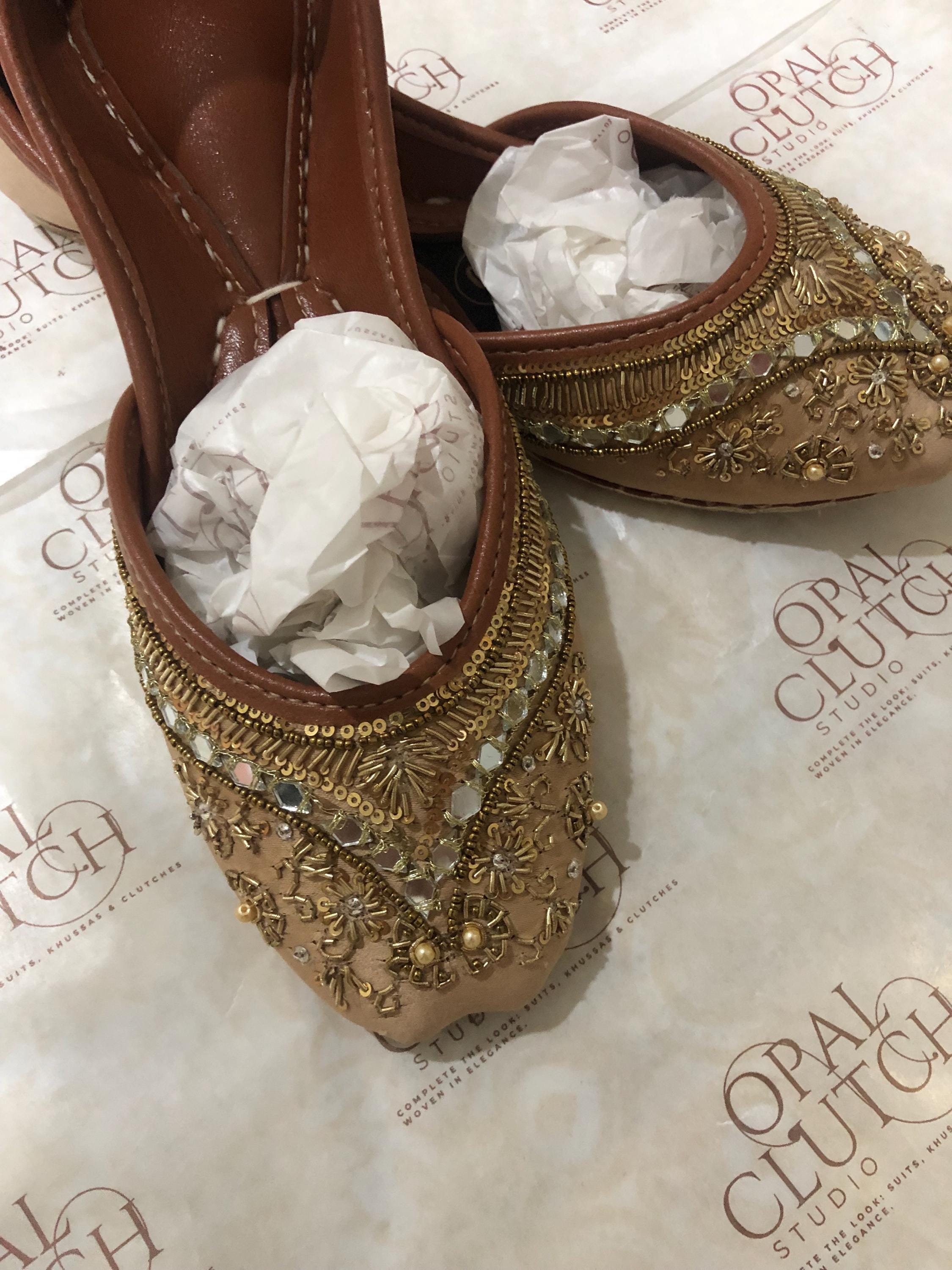 Handmade Gold Silk Jutti, Beaded & Sequined Punjabi Flats