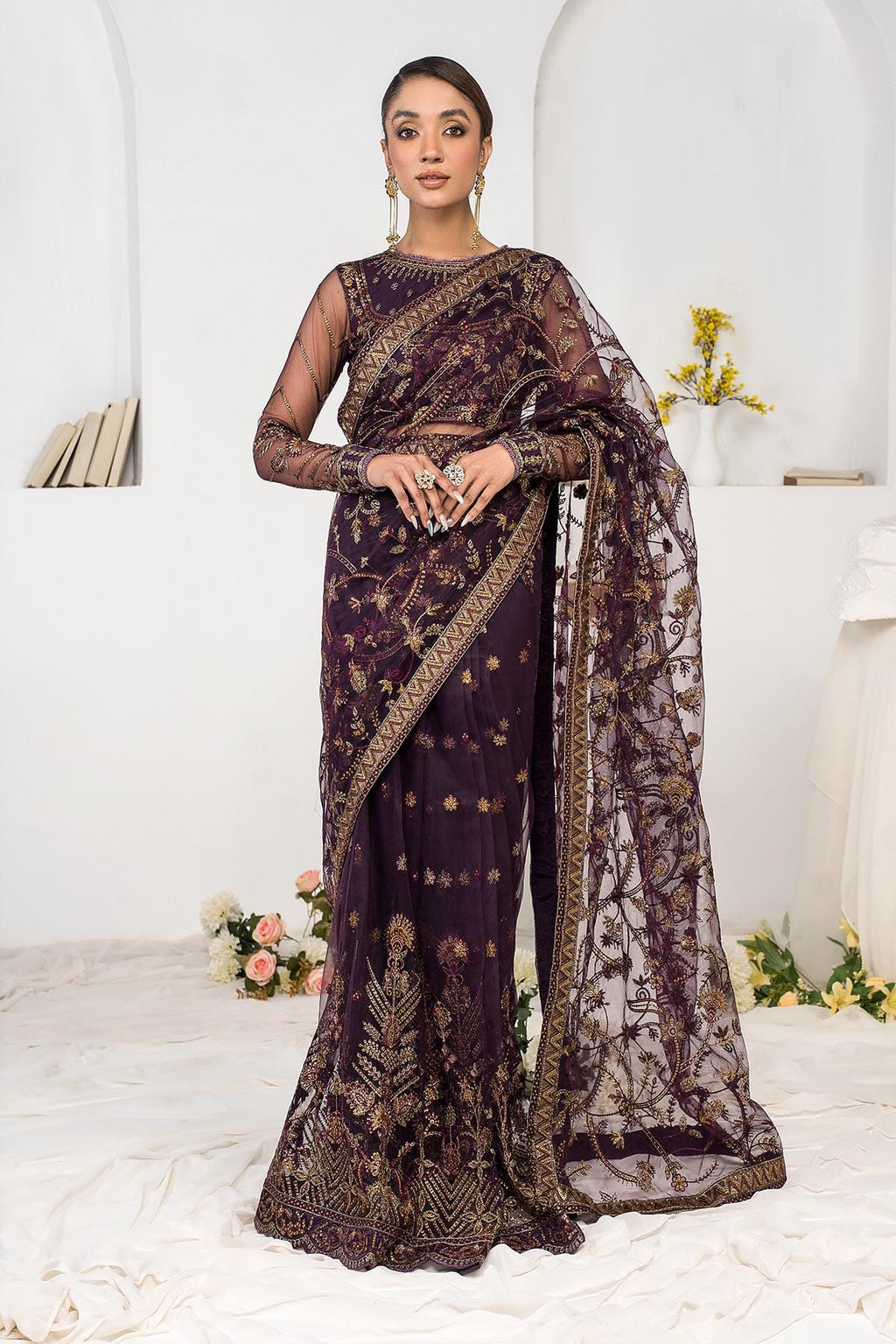 Plum indian fancy lace net Sequin Embroidered Saree with Blouse
