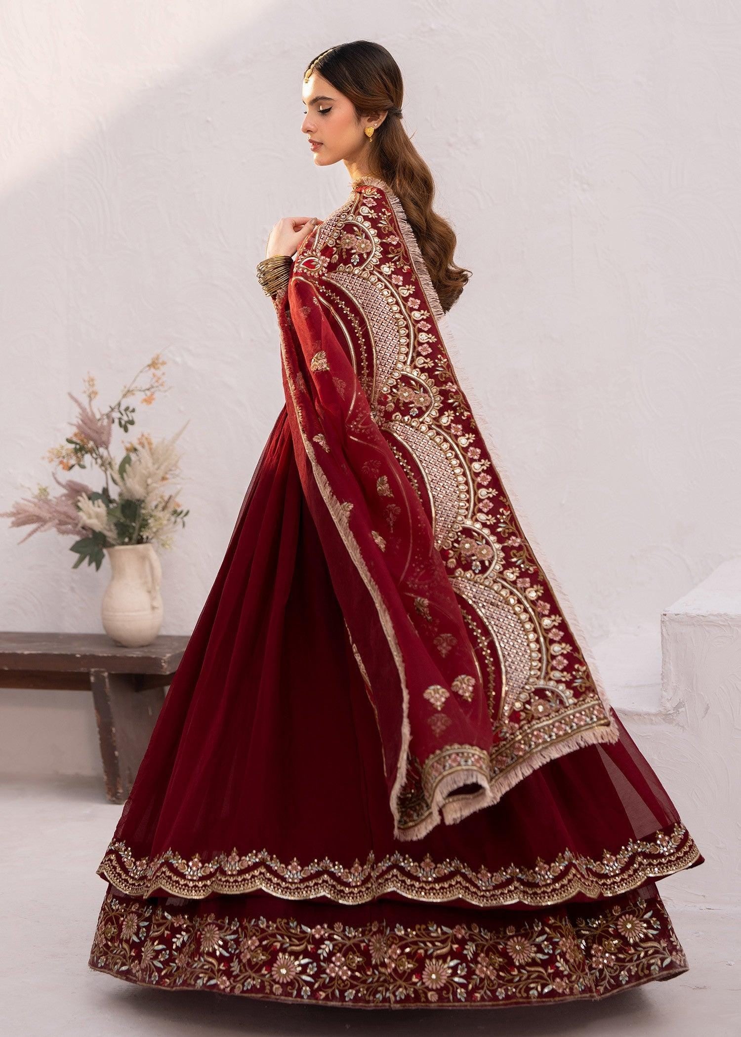 Maroon Chiffon Anarkali Suit, Embroidered Punjabi Dress, 3-Piece