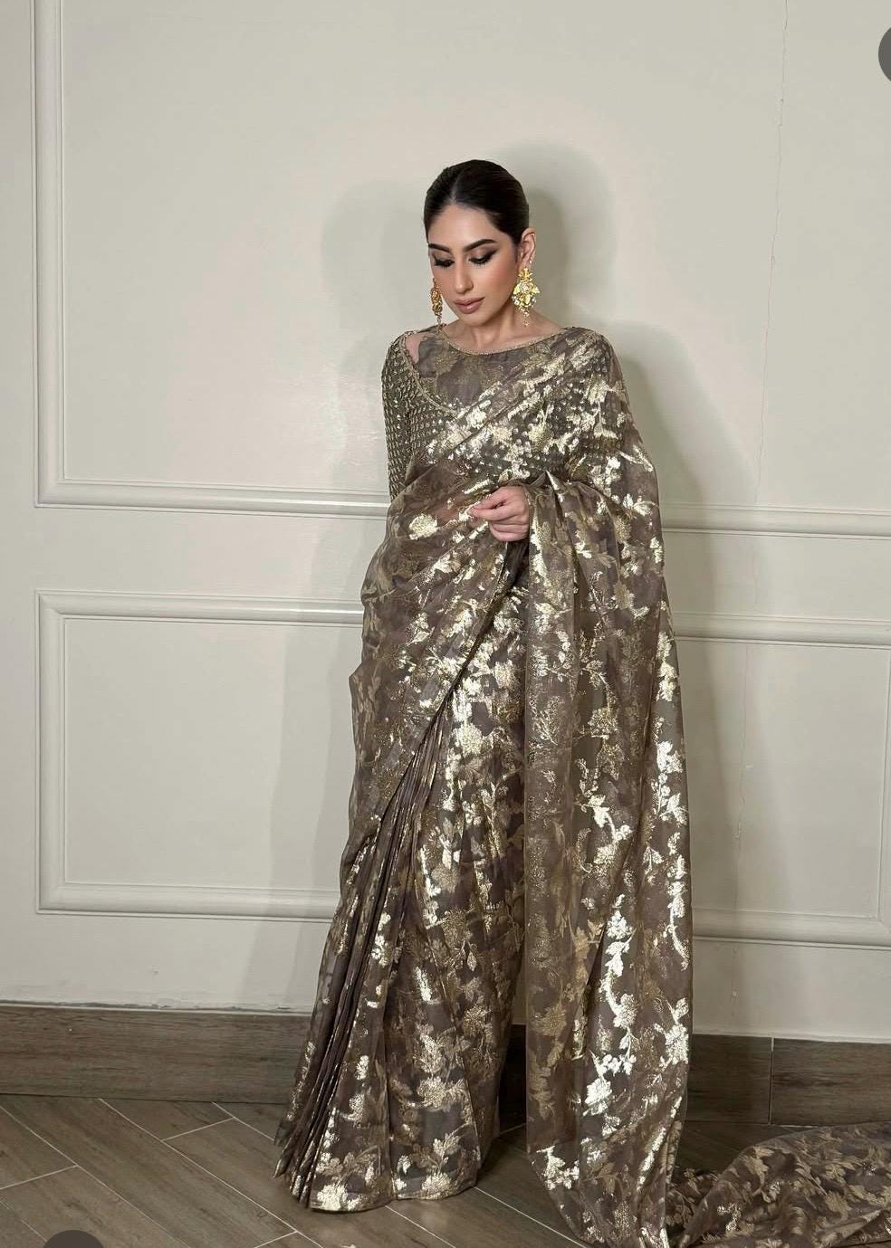 Indian Wedding Saree, Brown & Gold Sequins Embroidered Net Saree