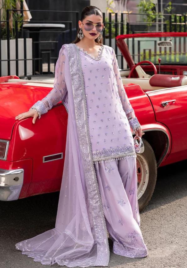 Embroidered Chiffon Farshi Shalwar Kameez, Lilac Indian Wedding Suit